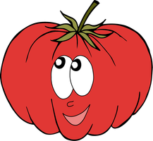 KI generiert: Ein lachendes Tomaten-Comic mit großen Augen und einem fröhlichen Ausdruck.