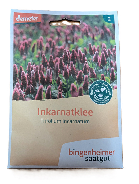 KI generiert: Saatgutverpackung für Inkarnatklee (Trifolium incarnatum) von bingenheimer saatgut.