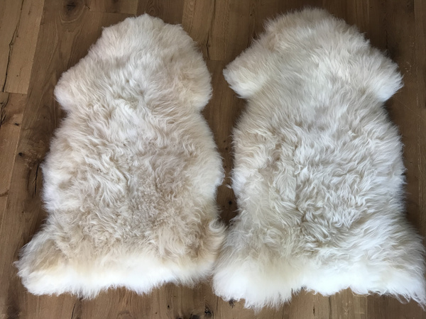 KI generiert: Zwei weiße Lammfelle liegen auf einem Holzboden nebeneinander.