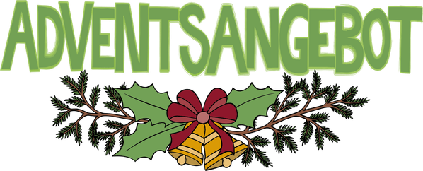 KI generiert: Text "ADVENTSANGEBOT" mit weihnachtlichen Zweigen, Schleife und Glocken dekoriert.