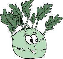 KI generiert: Ein lächelnder Kohlrabi mit Gesicht und Blätterarme, Comic-Stil.