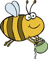 KI generiert: Eine cartoonhafte Biene fliegt mit einem kleinen Topf voller honigähnlicher Flüssigkeit.