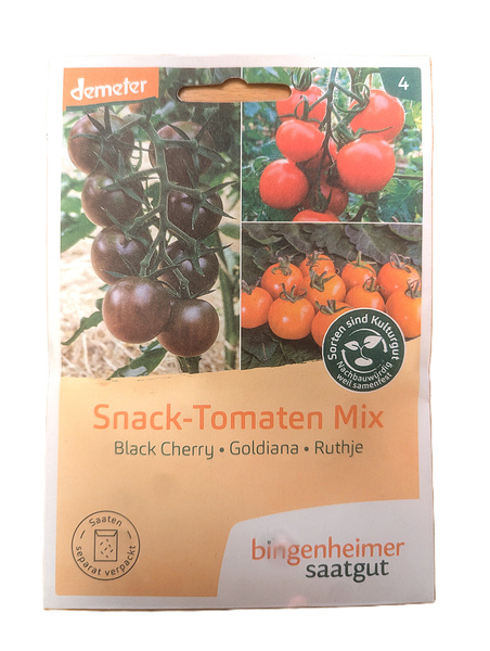 KI generiert: Packung mit Saatgut für Snack-Tomaten: Sorten Black Cherry, Goldiana, Ruthje. Text: "Sorten sind Kulturgut".