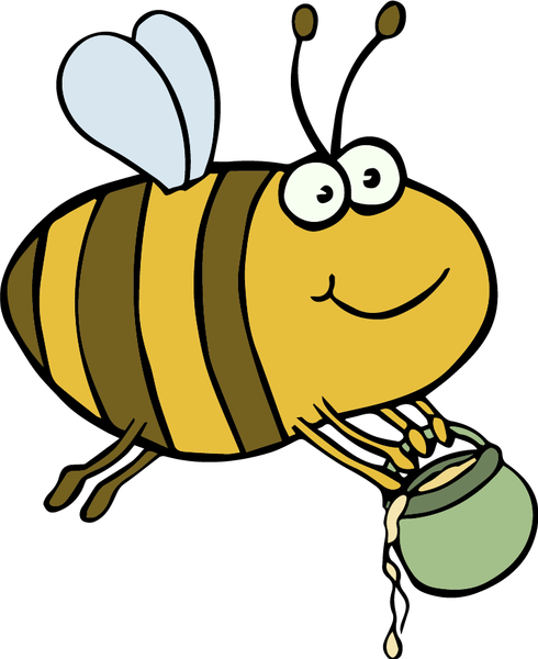 KI generiert: Eine cartoonhafte Biene fliegt mit einem kleinen Topf voller honigähnlicher Flüssigkeit.