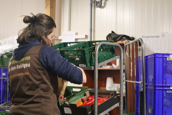 KI generiert: Eine Person packt Gemüse in einer Lagerhalle ein. Text: "Ihr Bio-Lieferservice aus dem Kraichgau".