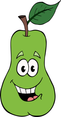 KI generiert: Ein lachender, animierter grüner Birnencharakter mit einem Blatt.