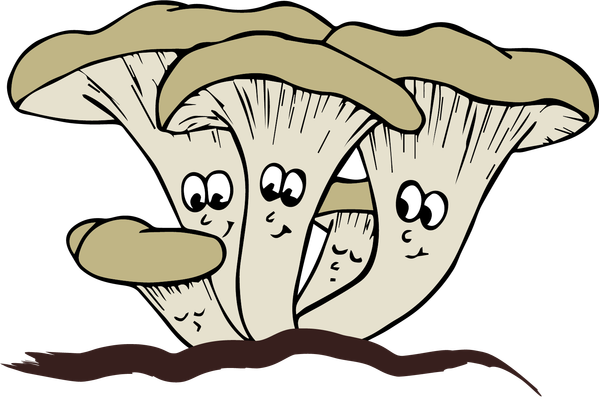 KI generiert: Niedliche Cartoon-Pilze mit Gesichtern auf einem Erdhügel.