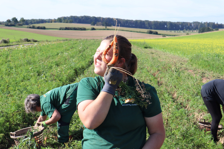 KI generiert: Eine Person hält eine Karotte auf einem Feld und lächelt. Im Hintergrund arbeiten weitere Personen.