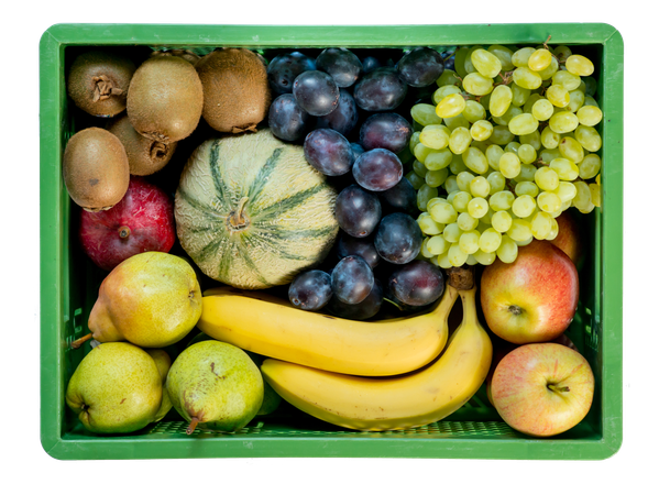 KI generiert: Ein Korb gefüllt mit verschiedenen Früchten: Trauben, Äpfel, Bananen, Kiwis, Melone und Birnen.